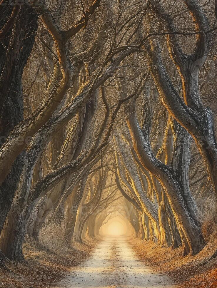 Ethereal Forest Pathway Surrounded by Gnarled Trees Illuminated by Soft Glowing Light, Inviting Exploration in a Magical Woodland Setting During Twilight Hours photo