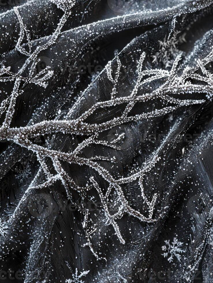 Intricate Frosted Branches and Sparkling Snowflakes on Dark Fabric Creating a Winter Wonderland Atmosphere with Textured Patterns and Elegance photo