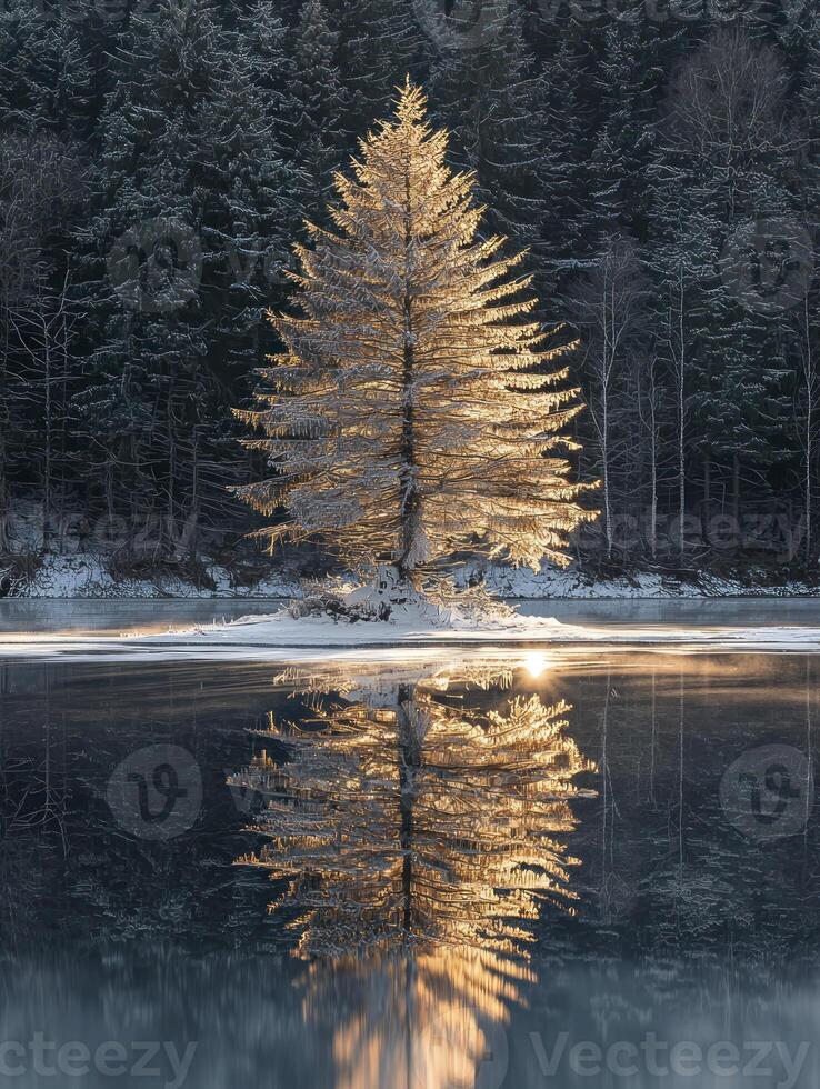 Serene Winter Landscape with Glowing Pine Tree Reflected in Still Water Surrounded by Frosted Forest and Snowy Ground, Creating a Tranquil Atmosphere photo
