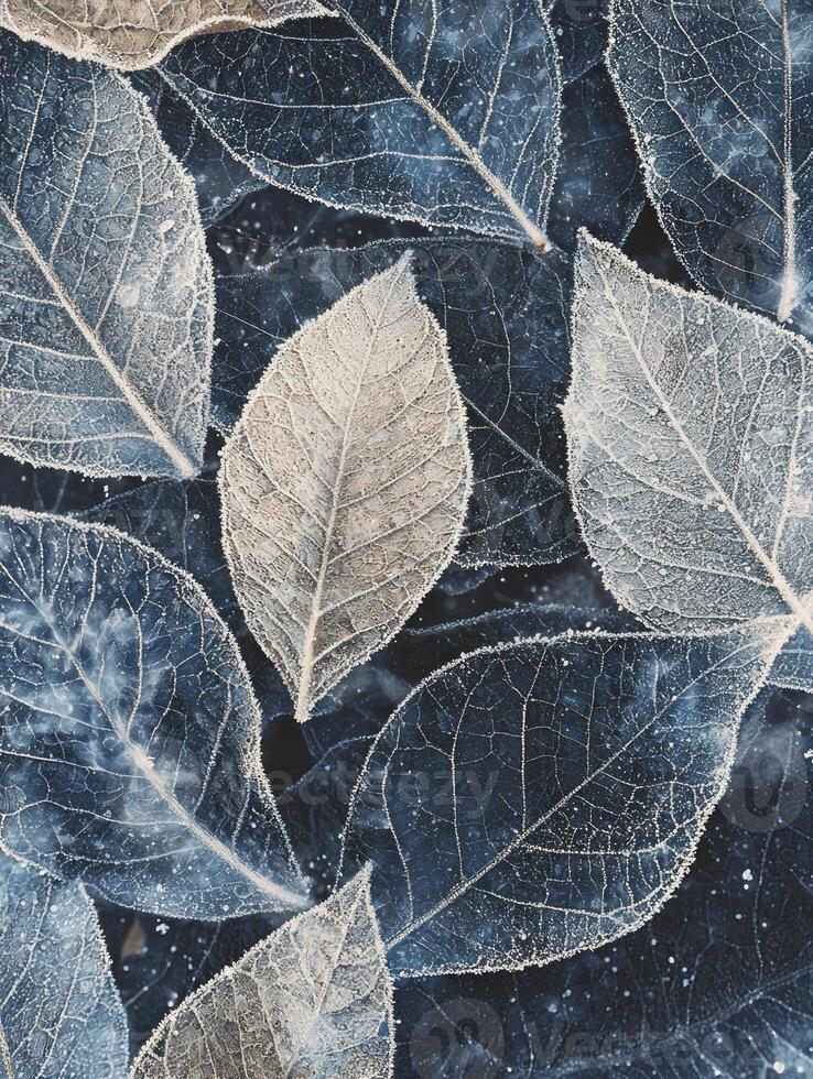 Frosted Leaves in Cool Tones Highlight Unique Texture and Patterns, Showcasing Nature's Intricate Beauty in a Captivating, Artistic Composition Perfect for Seasonal Designs photo