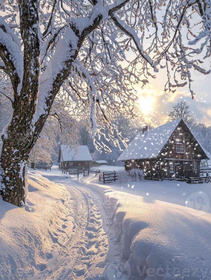 Serene Winter Landscape with Snow-Covered Homes and Glowing Sunlight in a Tranquil Village Setting, Featuring Trees Dusting in Snowfall photo