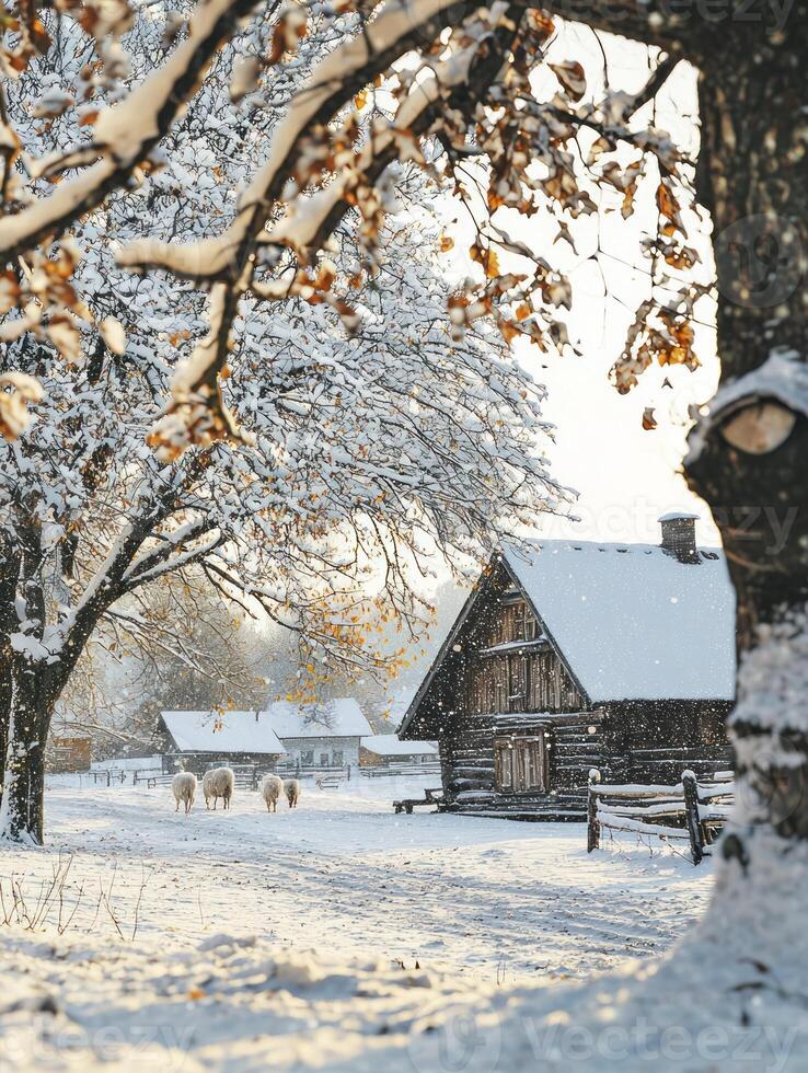 Serene Winter Landscape with Snow-Covered Log Cabin, Sheep Grazing, and Beautiful Trees in a Peaceful Rural Setting at Dawn photo