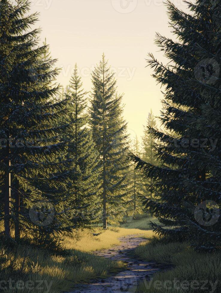 Serene Forest Pathway with Sunlit Trees and Gentle Breeze Captured in Early Morning Light, Inviting Nature Lovers to Explore Tranquil Wilderness photo