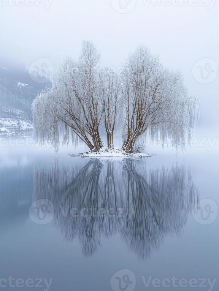A tree is reflected in the water on a foggy day photo