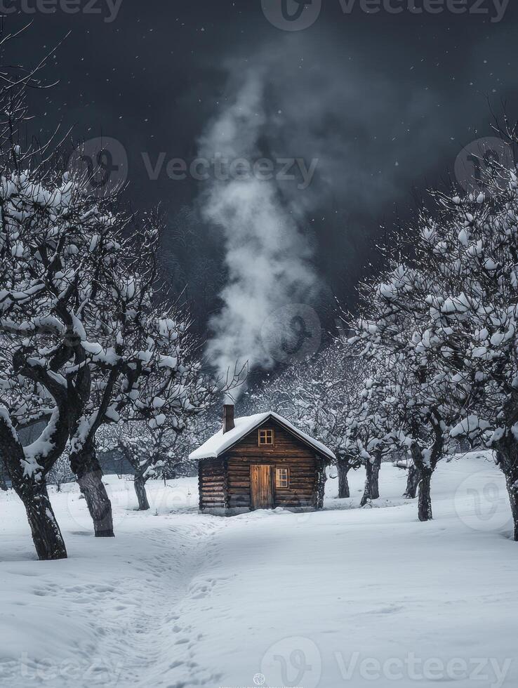 A cabin in the snow with trees and smoke coming out of the chimney photo