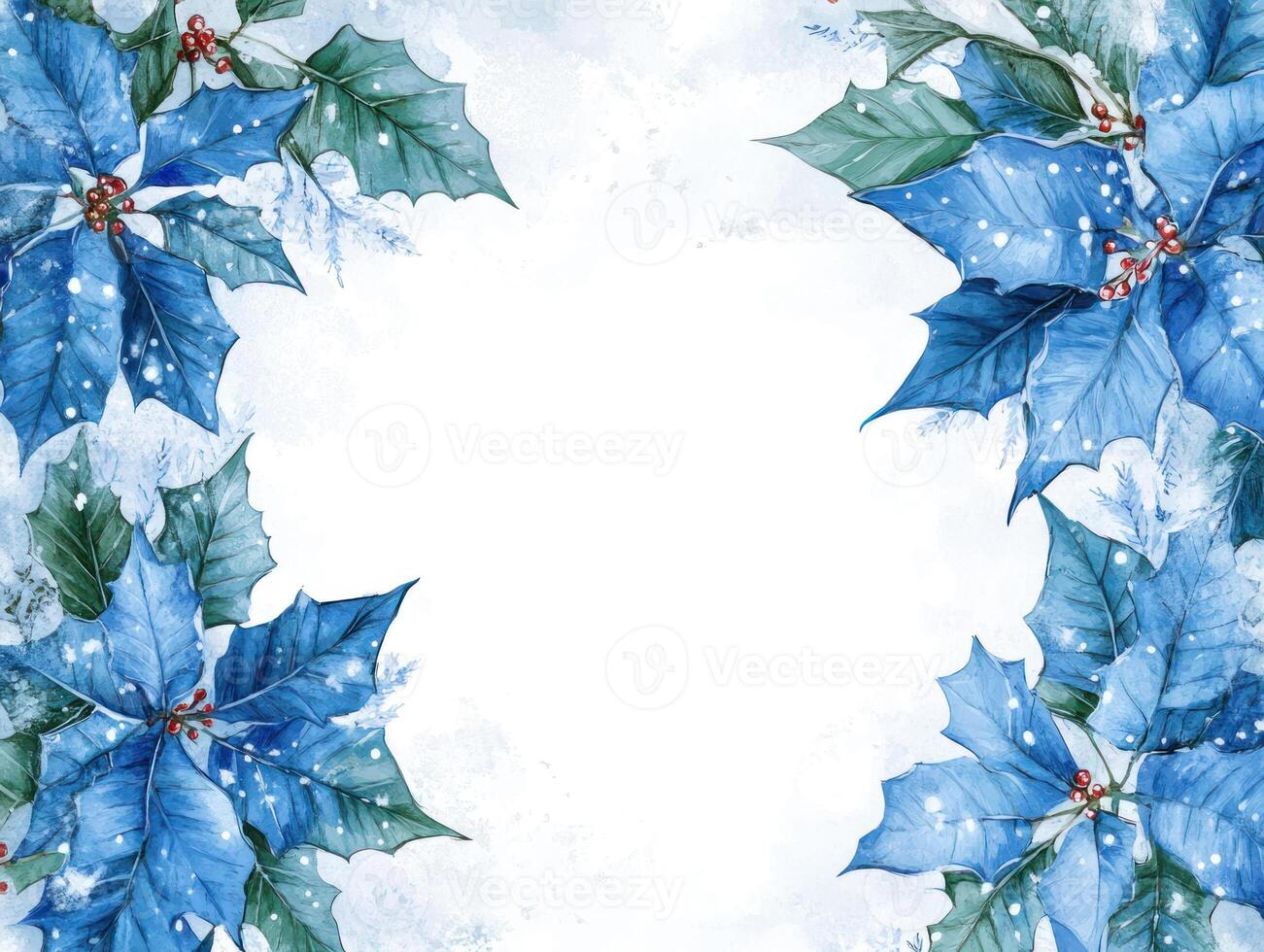 Elegant Holiday Design with Blue Poinsettias and Snow photo