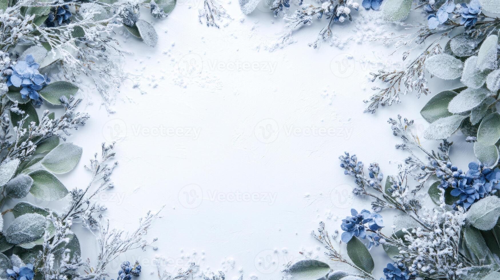 Frosted Blue Branches with White Space Background photo