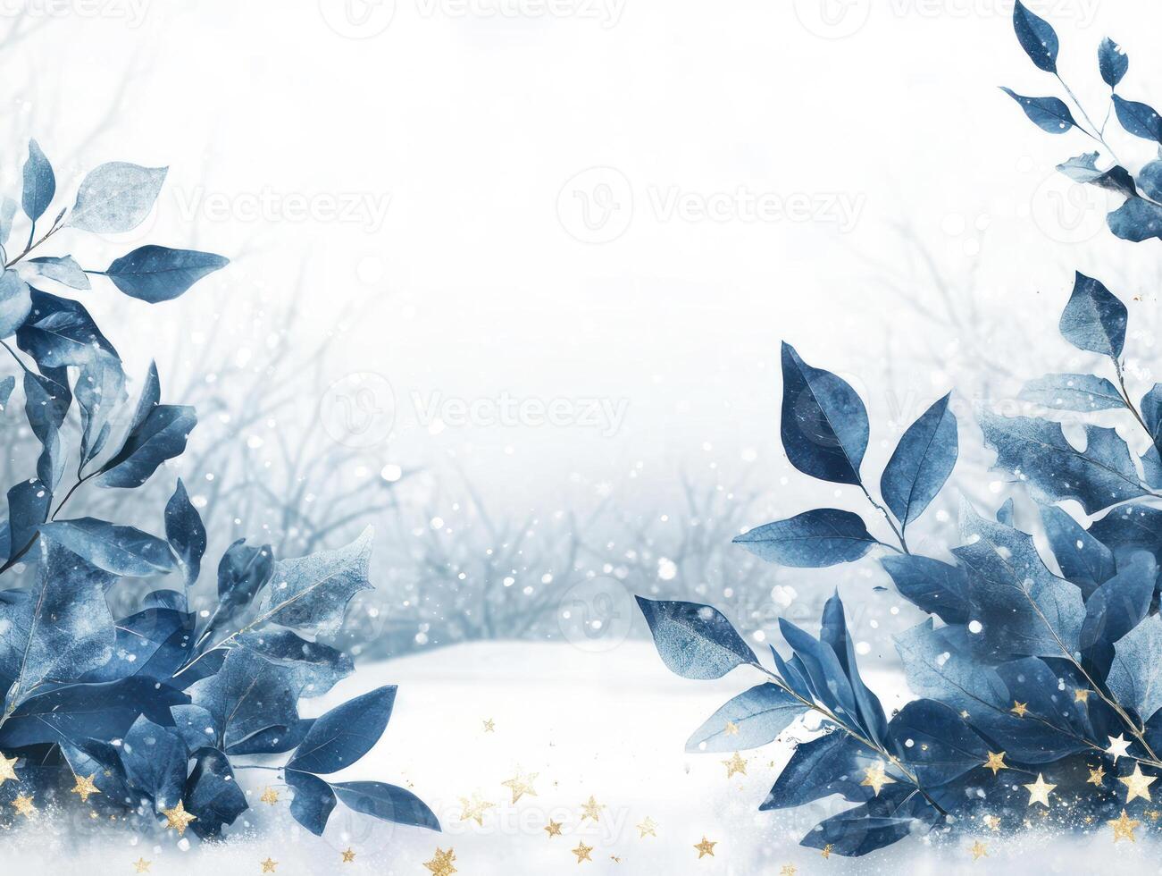 Blue Flowers and Gold Stars on White Space photo