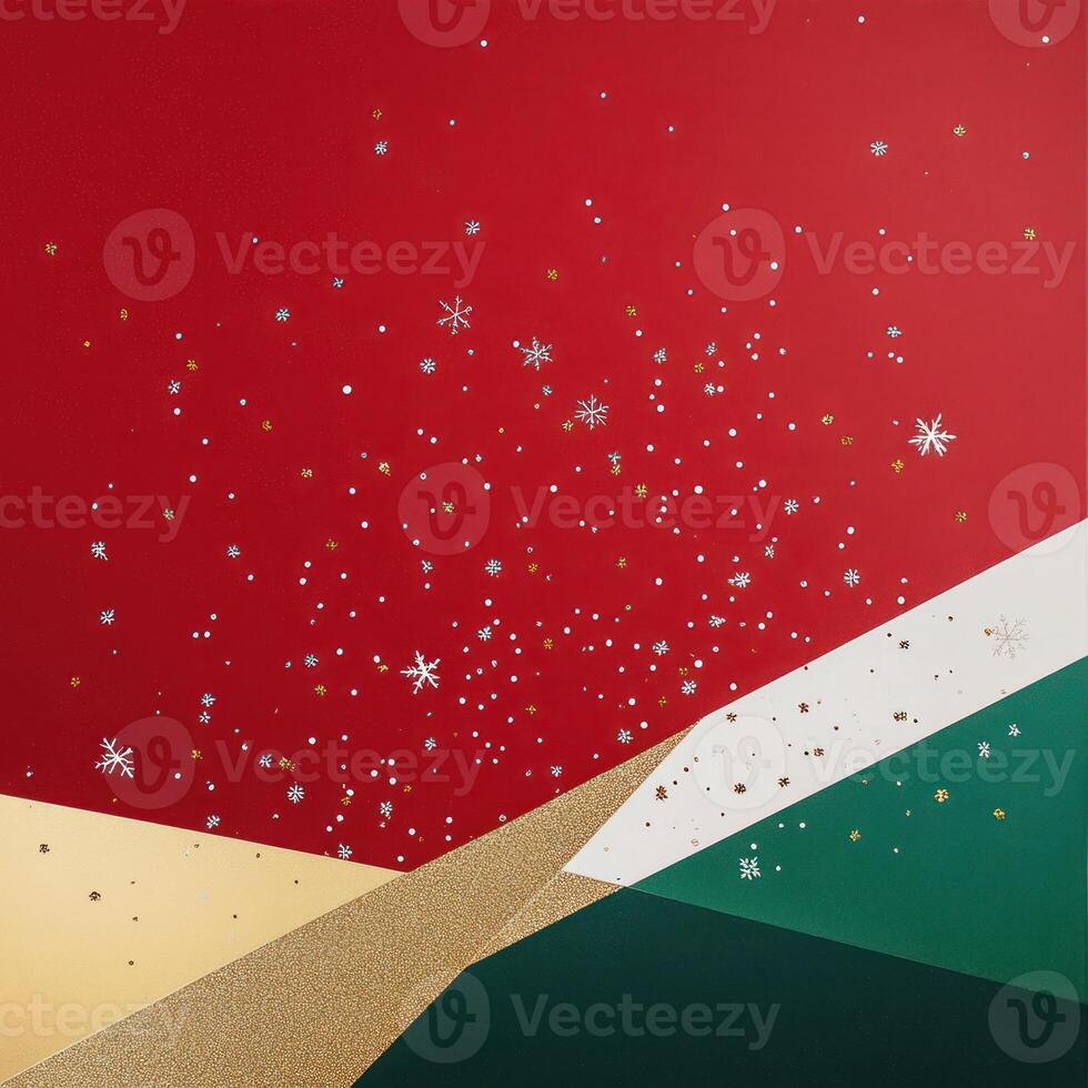 Festive Abstract Composition Featuring Red, Green, Gold, and White Background with Sparkling Snowflakes and Glittering Accents for Holiday Celebration photo