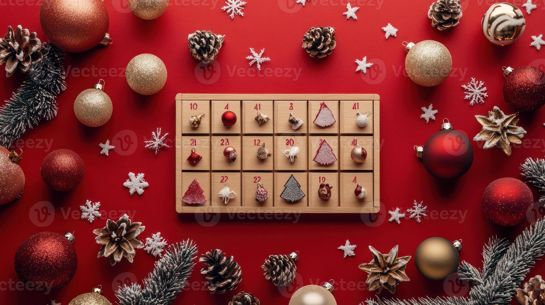 Festive Advent Calendar with Christmas Ornaments and Snowflakes on a Red Background, Surrounded by Holiday Decorations and Natural Elements photo