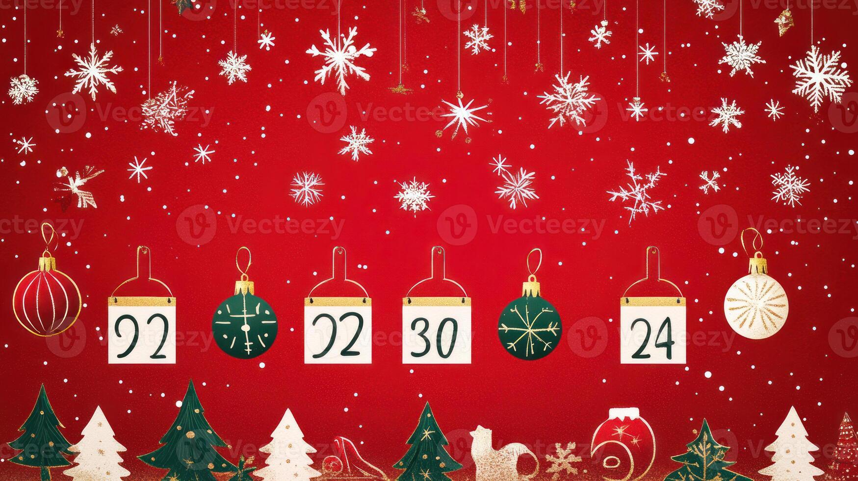 Festive Red Background with Advent Calendar, Christmas Ornaments, and Snowflakes Creating a Joyful Holiday Atmosphere for Celebrating the Christmas Season photo