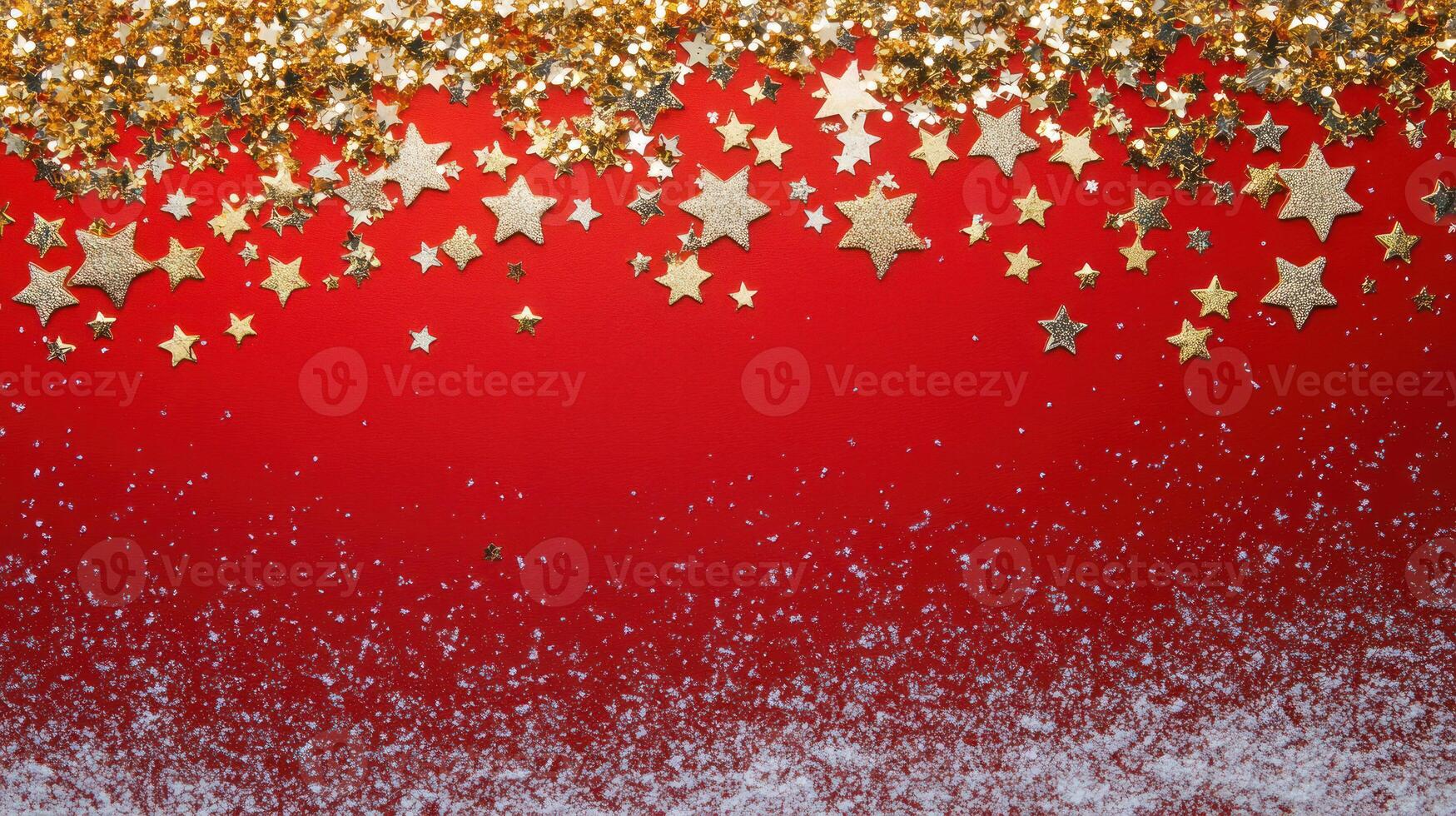 Festive Red Background with Shimmering Gold Stars and Light Snow Flakes Perfect for Holiday-Themed Text or Design Elements in Your Project photo