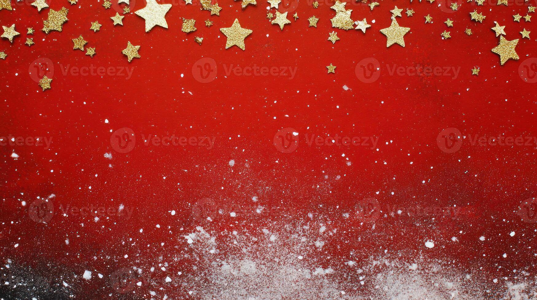 Beautiful Red Background with Scattered Light Snowflakes and Gold Stars, Ideal for Holiday-Themed Designs and Festive Celebrations, Perfect for Text Overlay and Creative Projects photo