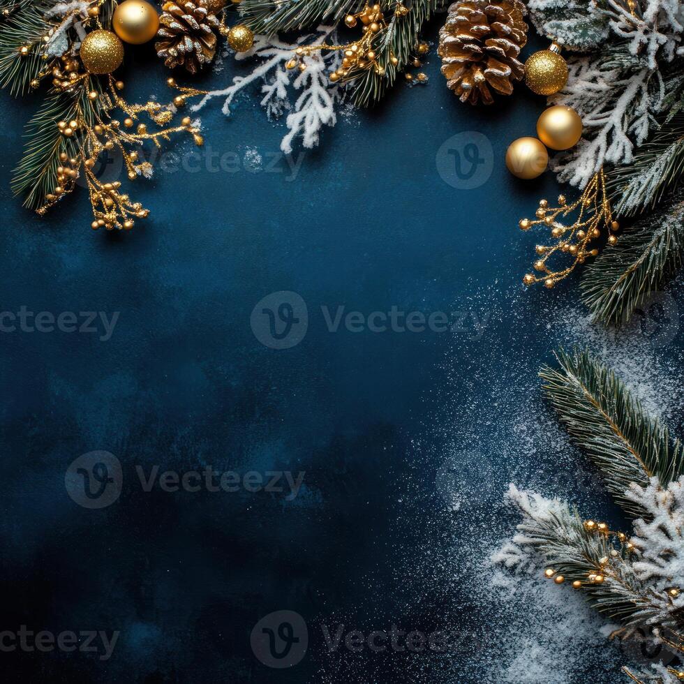 Elegant Blue and Gold Holiday Decor with Snow Accents Perfect for Seasonal Celebrations and Festive Display in the Top Left Corner and Space for Text photo