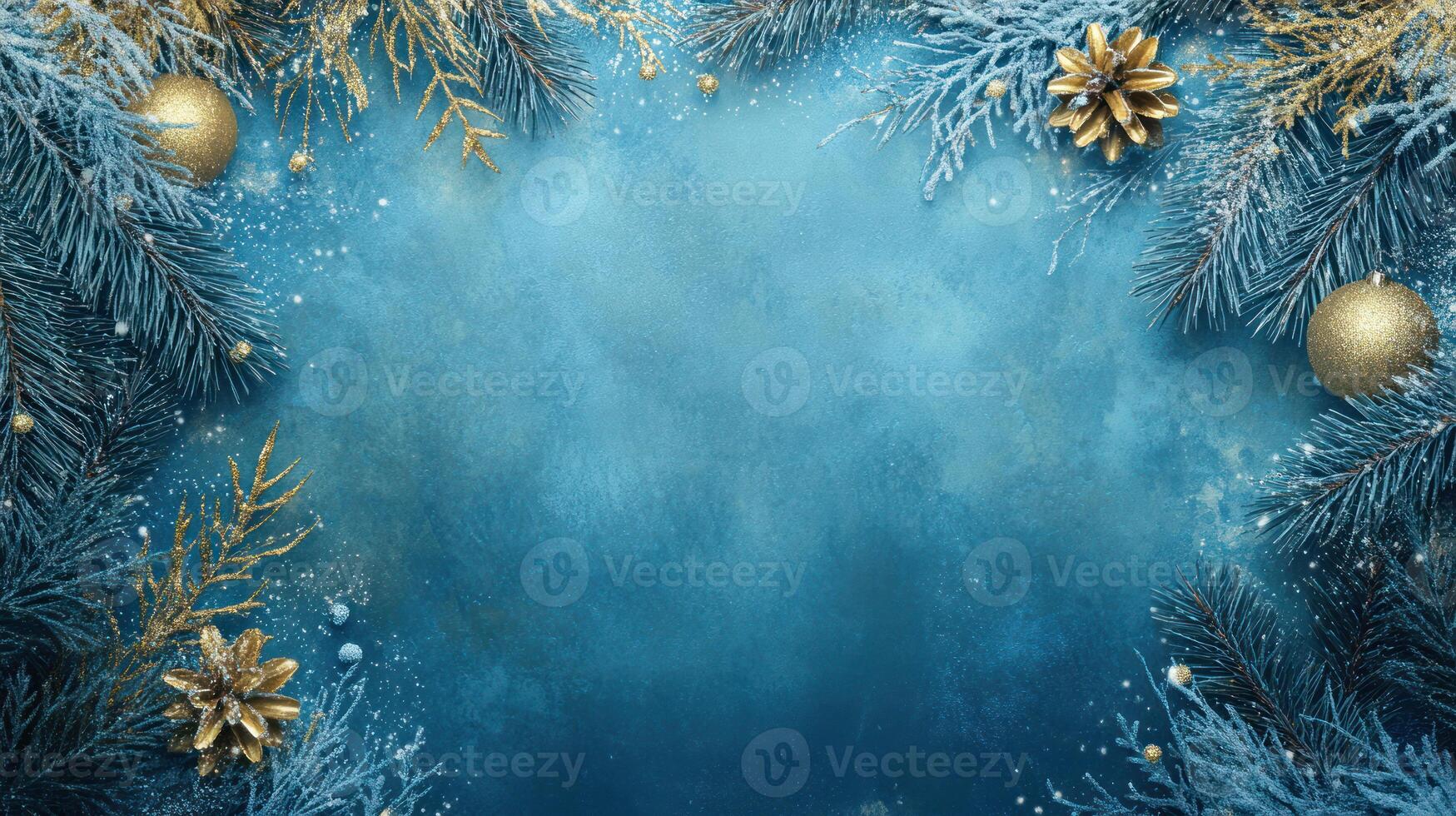 Elegant Blue and Gold Holiday Decor Background with Frosted Pine Foliage and Shimmering Ornaments Ideal for Festive Text Overlay photo