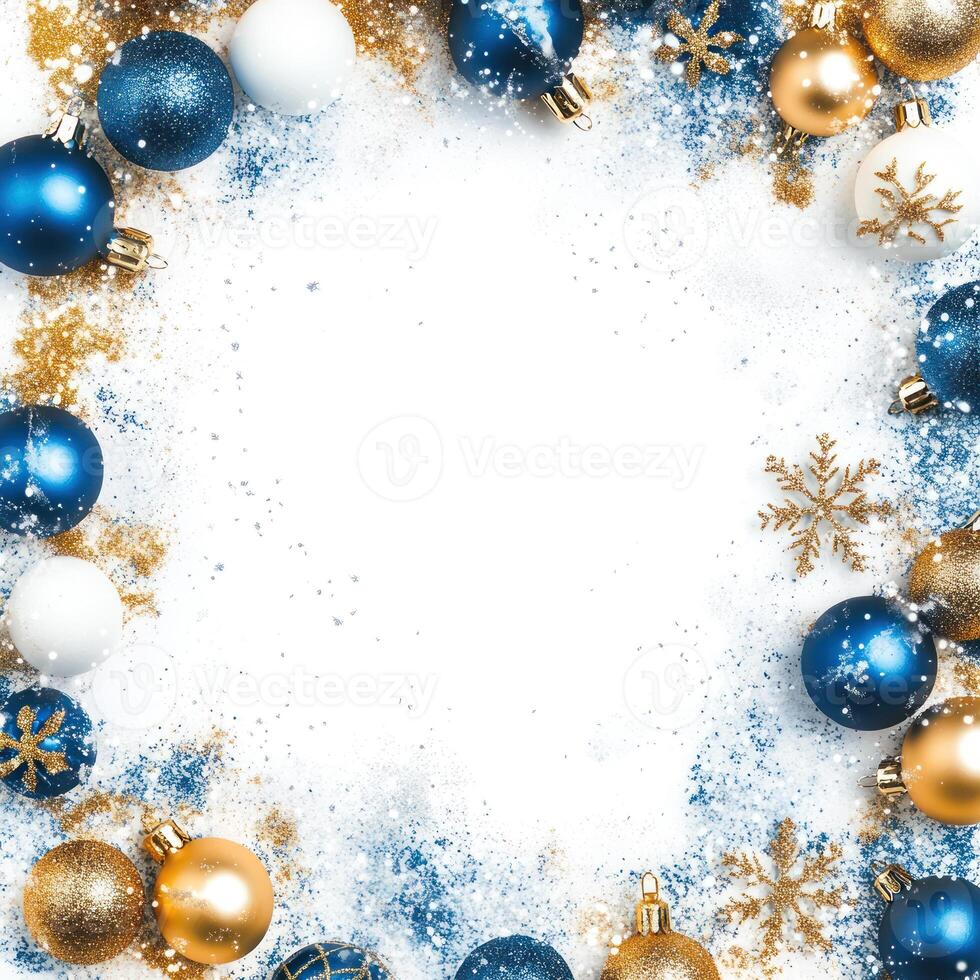 Festive Blue and Gold Ornaments with Snowflakes Surrounding a Blank White Space Perfect for Text Insertion photo