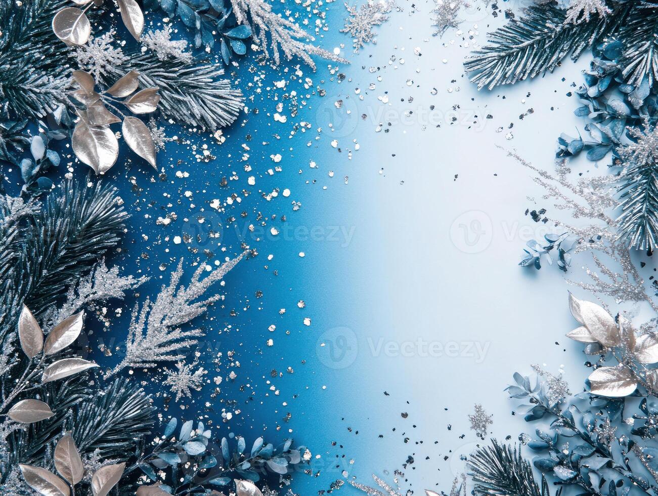 Blue and Silver Christmas Foliage with Scattered Snow on the Left Side and Blank Space on the Right for Text, Ideal for Holiday Designs and Greetings photo