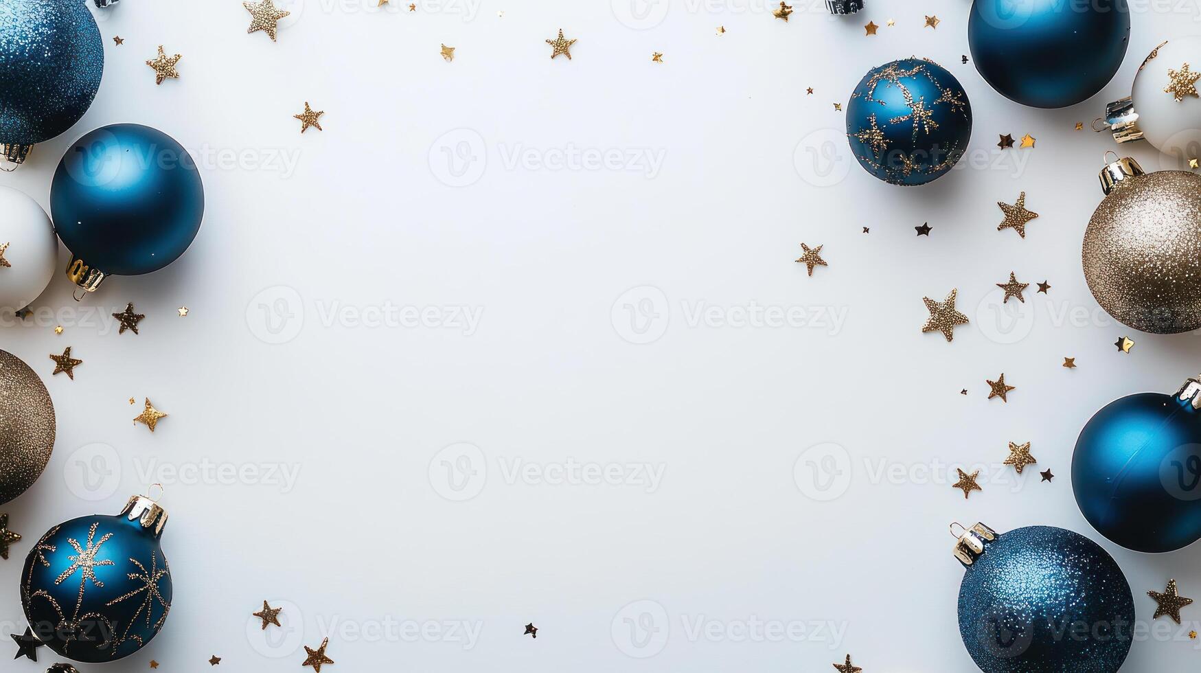Elegant Blue and Gold Christmas Ornaments with Stars on a White Background, Perfect for Holiday Designs and Seasonal Celebrations photo