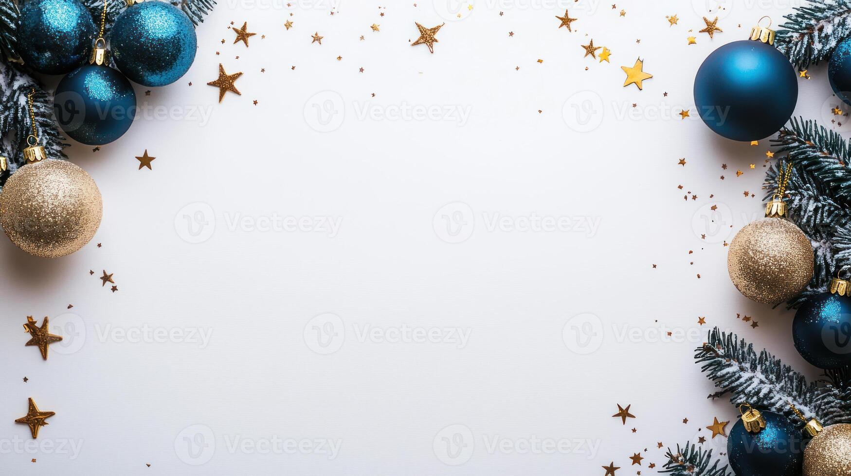Elegant Blue and Gold Christmas Ornaments with Sparkling Stars on a Bright Background, Perfect for Holiday Greetings and Festive Designs photo
