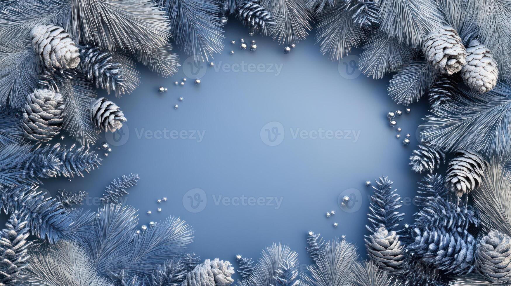 Beautiful Blue Pine Branches with Silver Decorations and Snow Accents Framing an Empty Center Space for Holiday Text or Greeting Cards photo