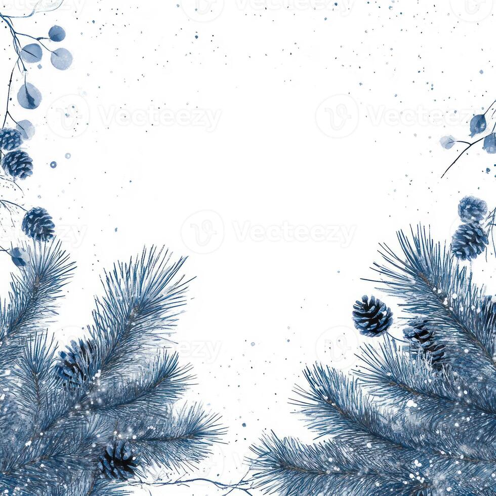 Elegant Blue Pine Branches with Silver Decorations and Scattered Snow on a White Background, Perfect for Holiday or Winter-Themed Text Overlay photo