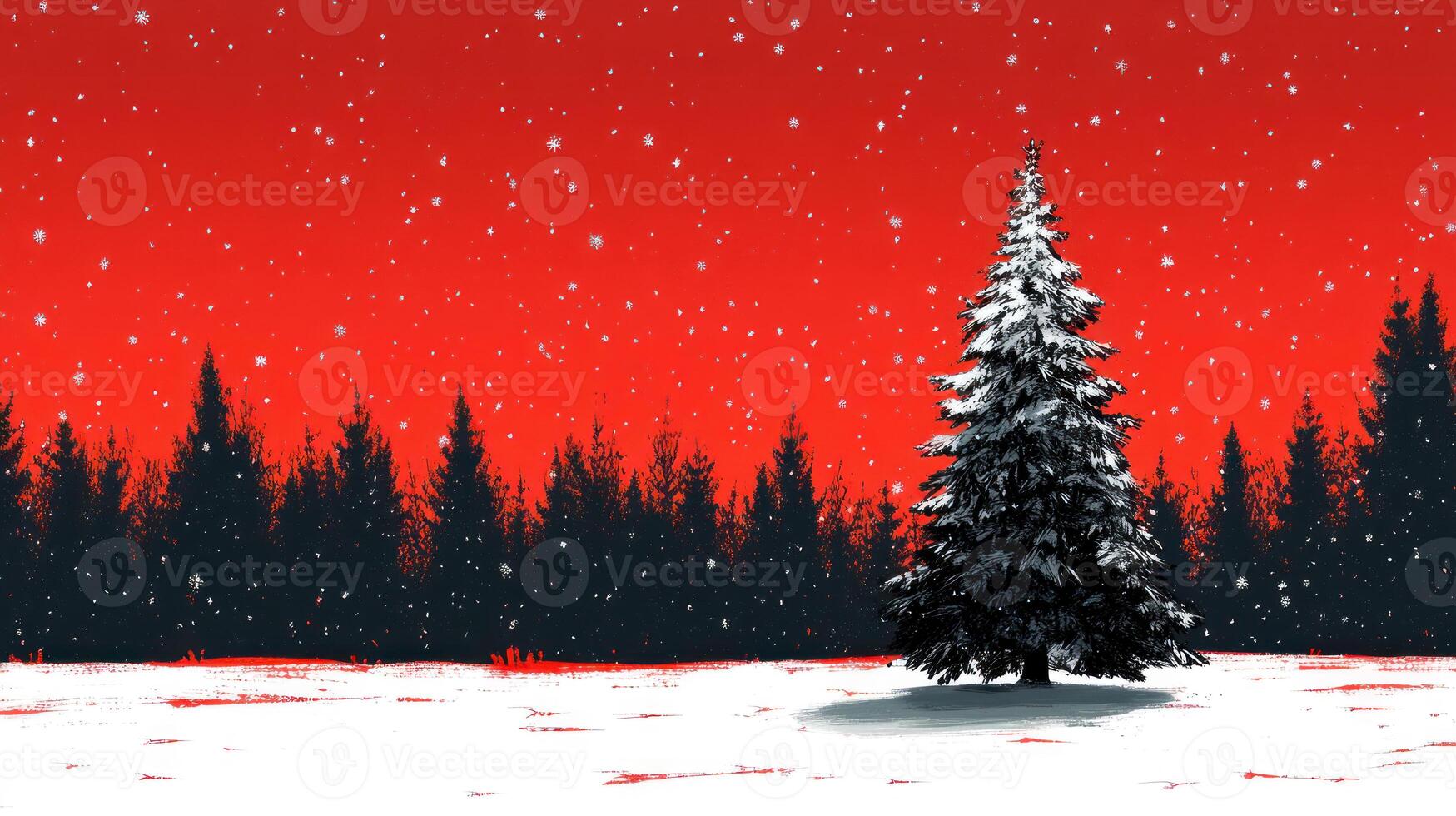 Serene Christmas Tree in a Snowy Forest Under a Stunning Red Sky, Perfectly Centered for a Festive Winter Wonderland Scene photo