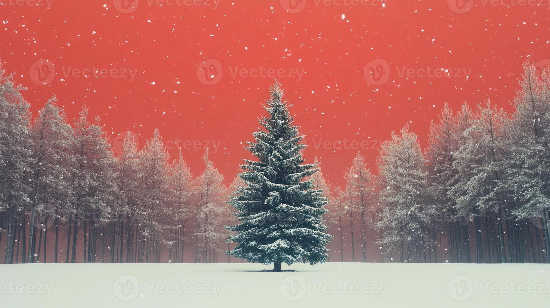 Stunning Christmas Tree Set Against a Blank Red Sky in a Snowy Forest, Capturing the Essence of Winter Magic and Holiday Cheer photo