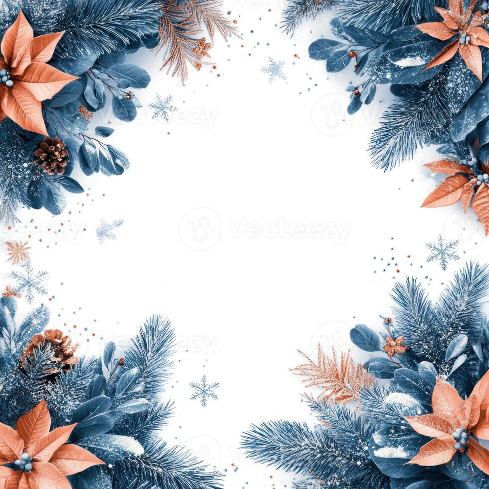 Elegant Christmas Background with Blue Foliage and Flowers in Corners Featuring an Open White Center and Scattered Snowflakes for Festive Text Overlay photo