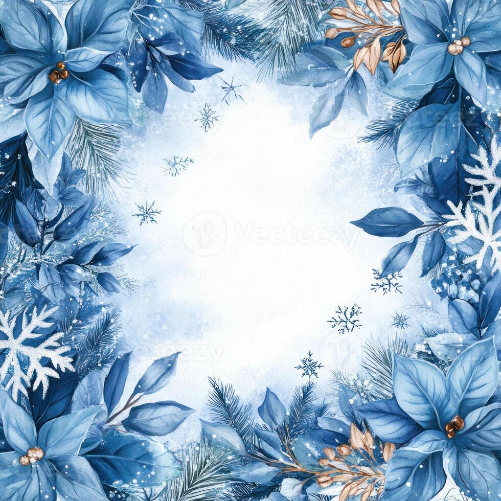 Festive Blue Floral Background with Snowflakes for Christmas Celebrations Featuring an Open White Center Ideal for Text and Greetings photo