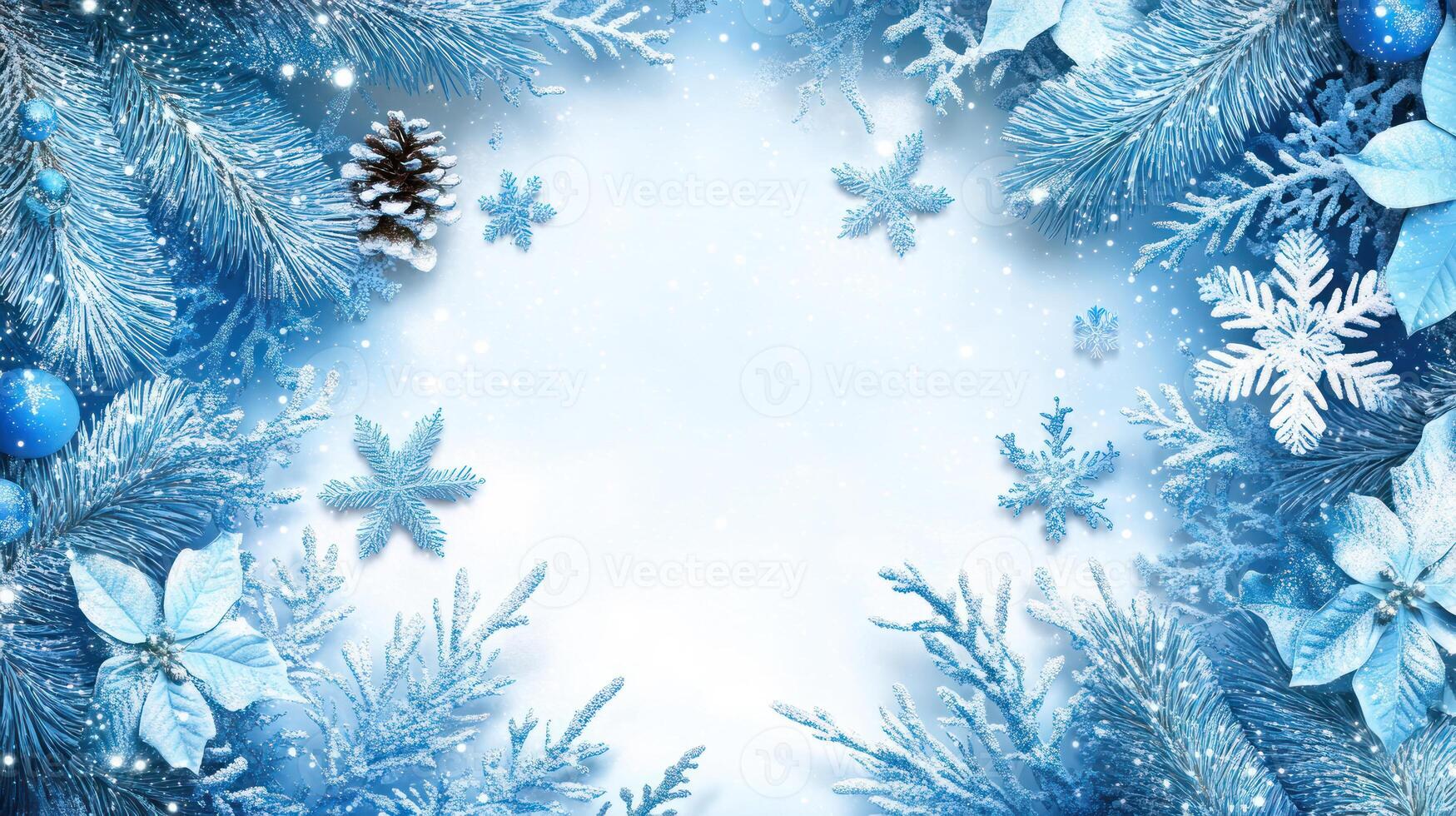 Festive Winter Wonderland Background with Blue Foliage and Flowers Framing an Open White Center, Scattered Snowflakes for Holiday Text and Greetings photo