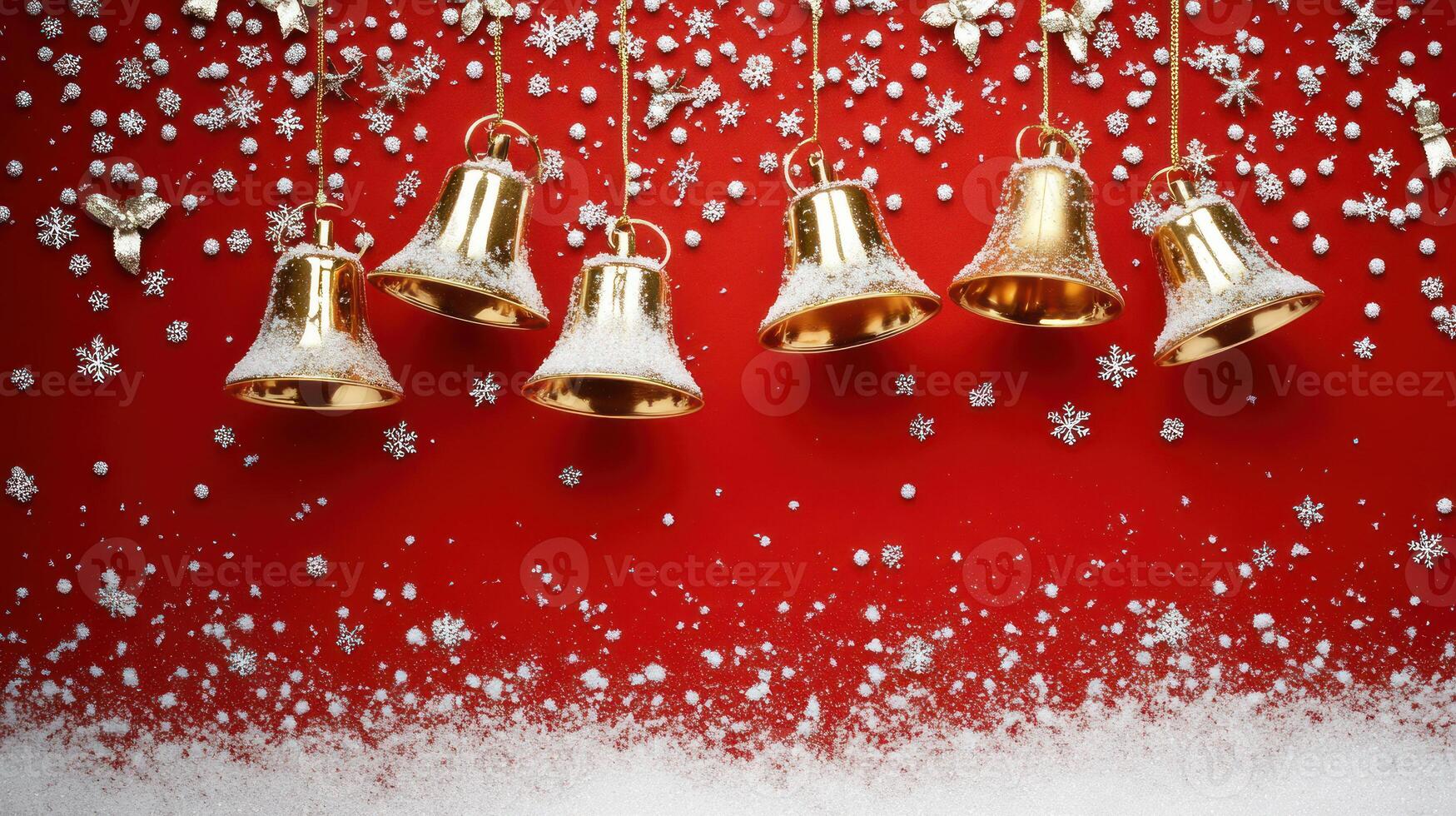 Festive Golden Bells and Snowflakes Against a Vibrant Red Background Creating a Cheerful Christmas Atmosphere with Scattered Snow for Holiday Celebrations photo