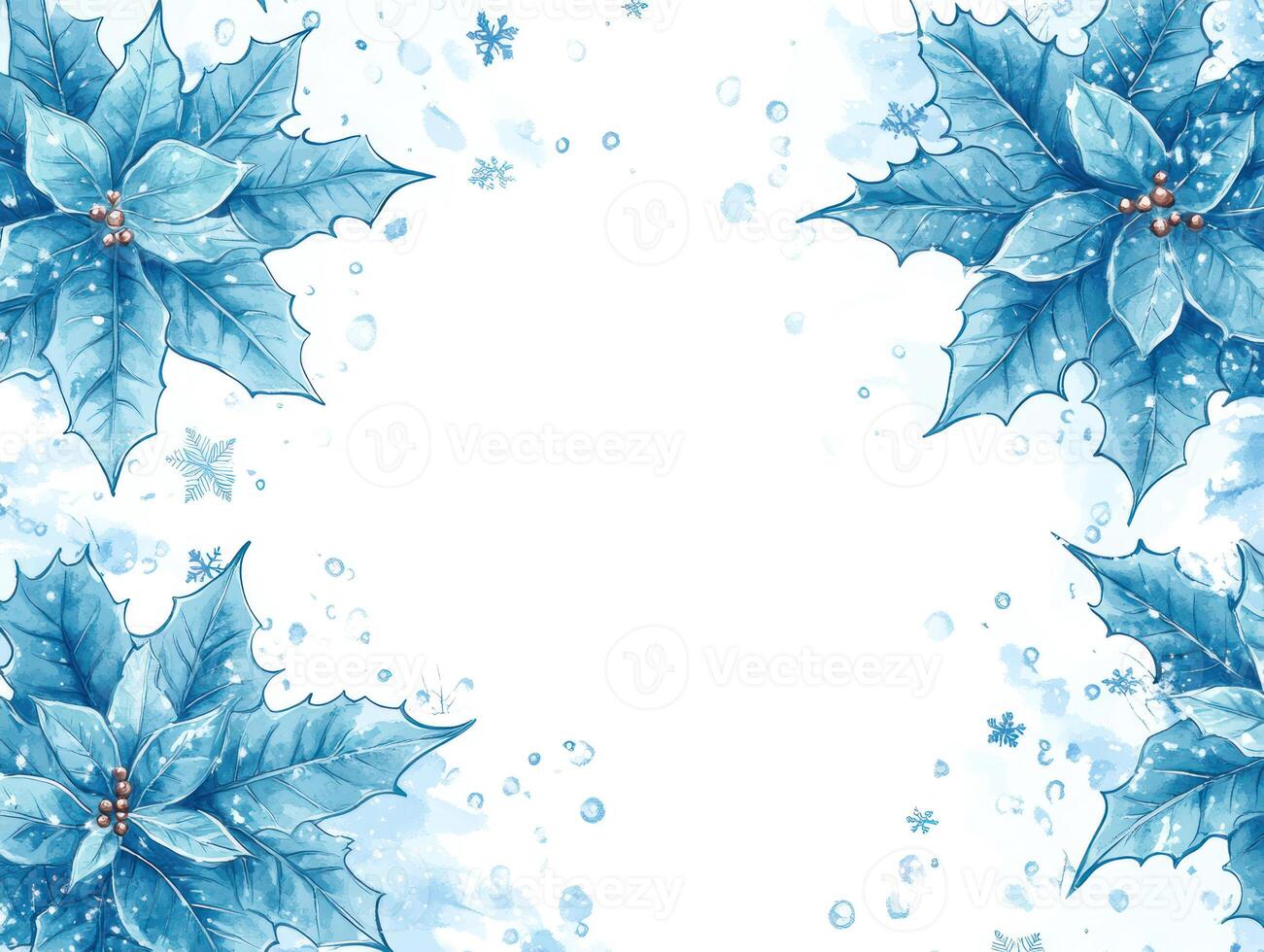 Beautiful Christmas Border Featuring Blue Poinsettias with a Blank Center and Scattered Snowflakes for Holiday Greetings and Text Placement photo