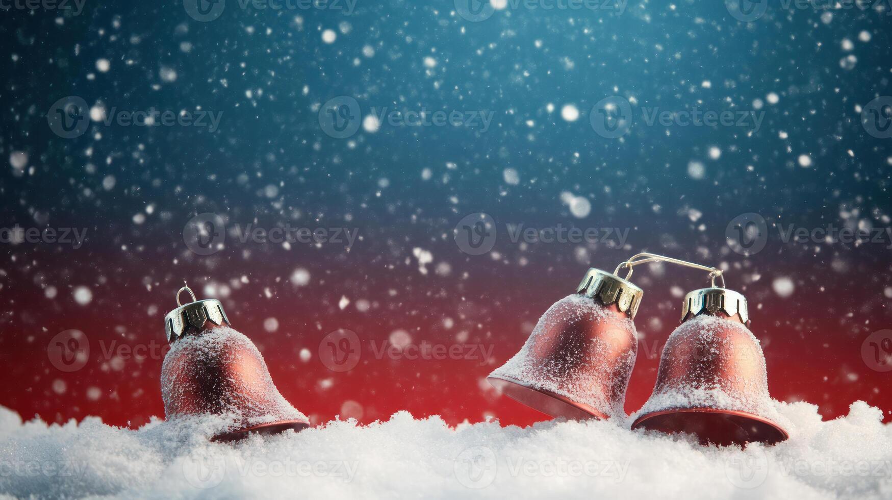 Festive Christmas Scene Featuring Elegant Red Bells and Delicate Snowflakes Amidst a Serene Snowy Background Enhanced by a Touch of Holiday Magic photo