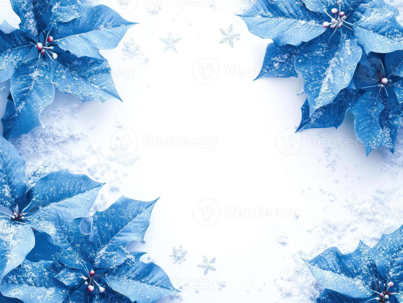 Beautiful Blue Poinsettias with Snowflakes on the Left and Right for Festive Christmas Designs, Blank Center Space for Adding Text and Holiday Greetings photo