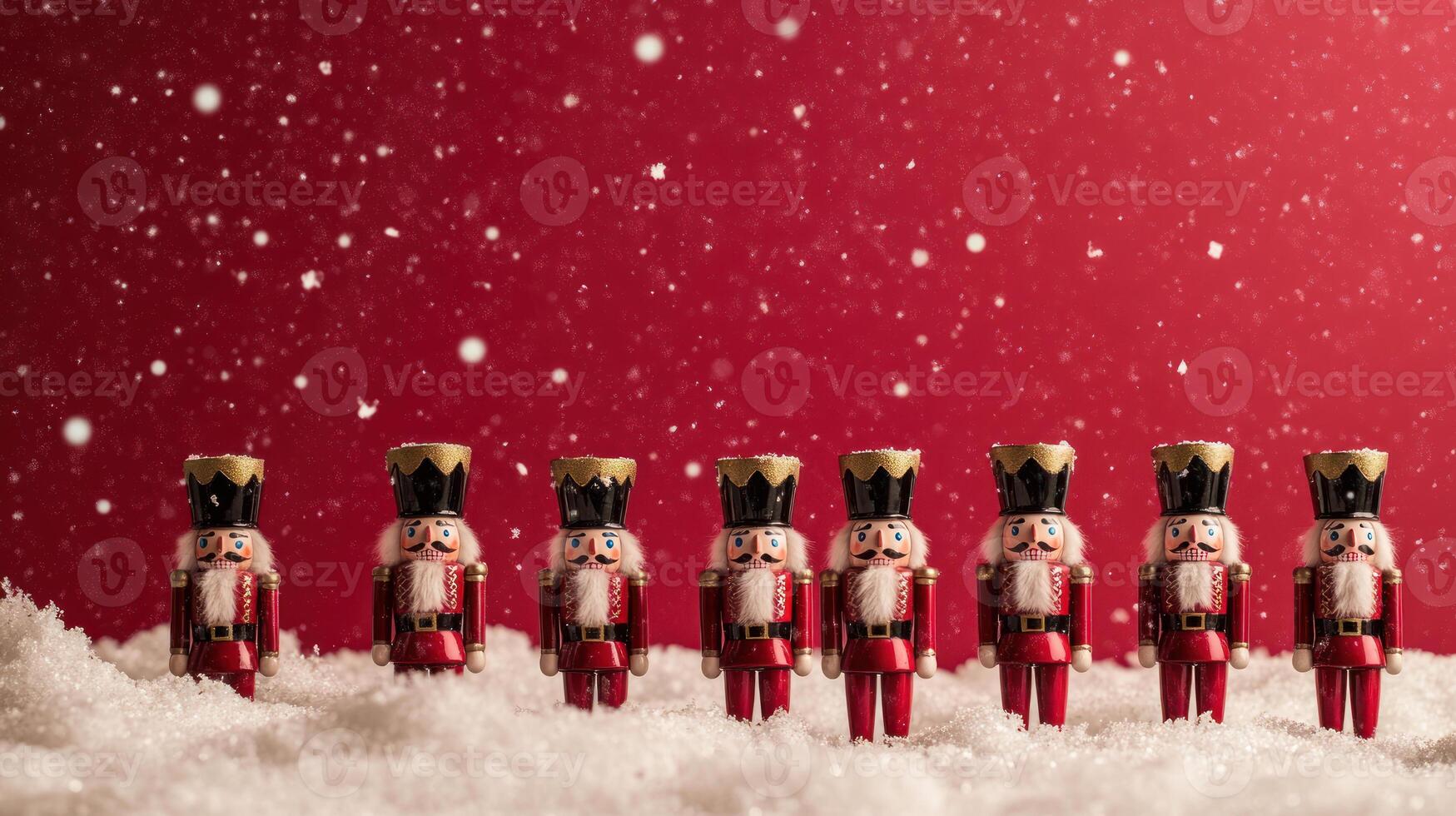 Festive Nutcracker Decor Against a Snowy Red Background for Christmas Celebrations and Seasonal Festivities, Perfect for Holiday-Themed Projects photo