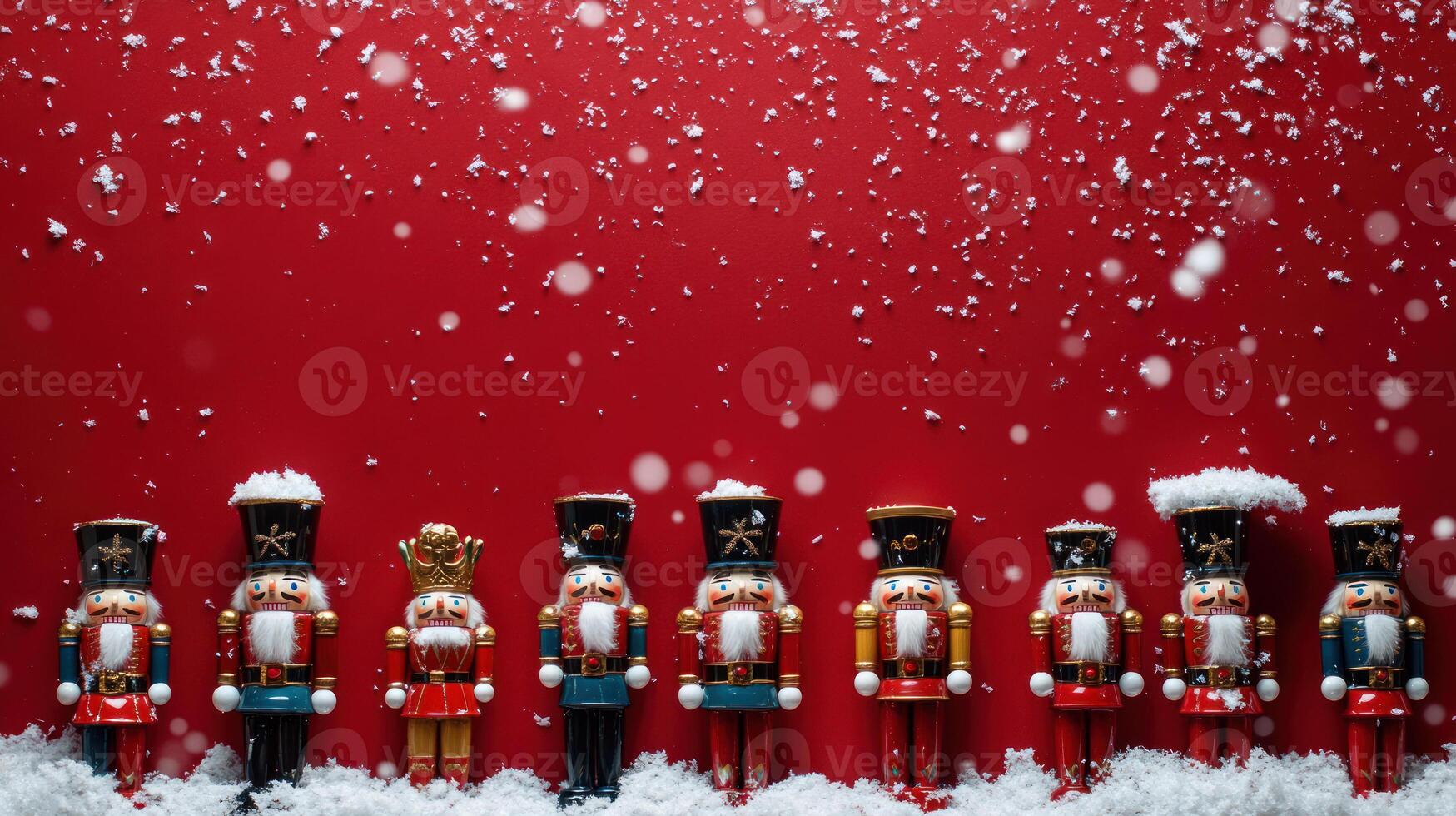 Festive Christmas Nutcracker Decor Against a Snowy Red Background, Perfect for Holiday Cheer and Seasonal Celebrations, Ideal for Seasonal Marketing photo