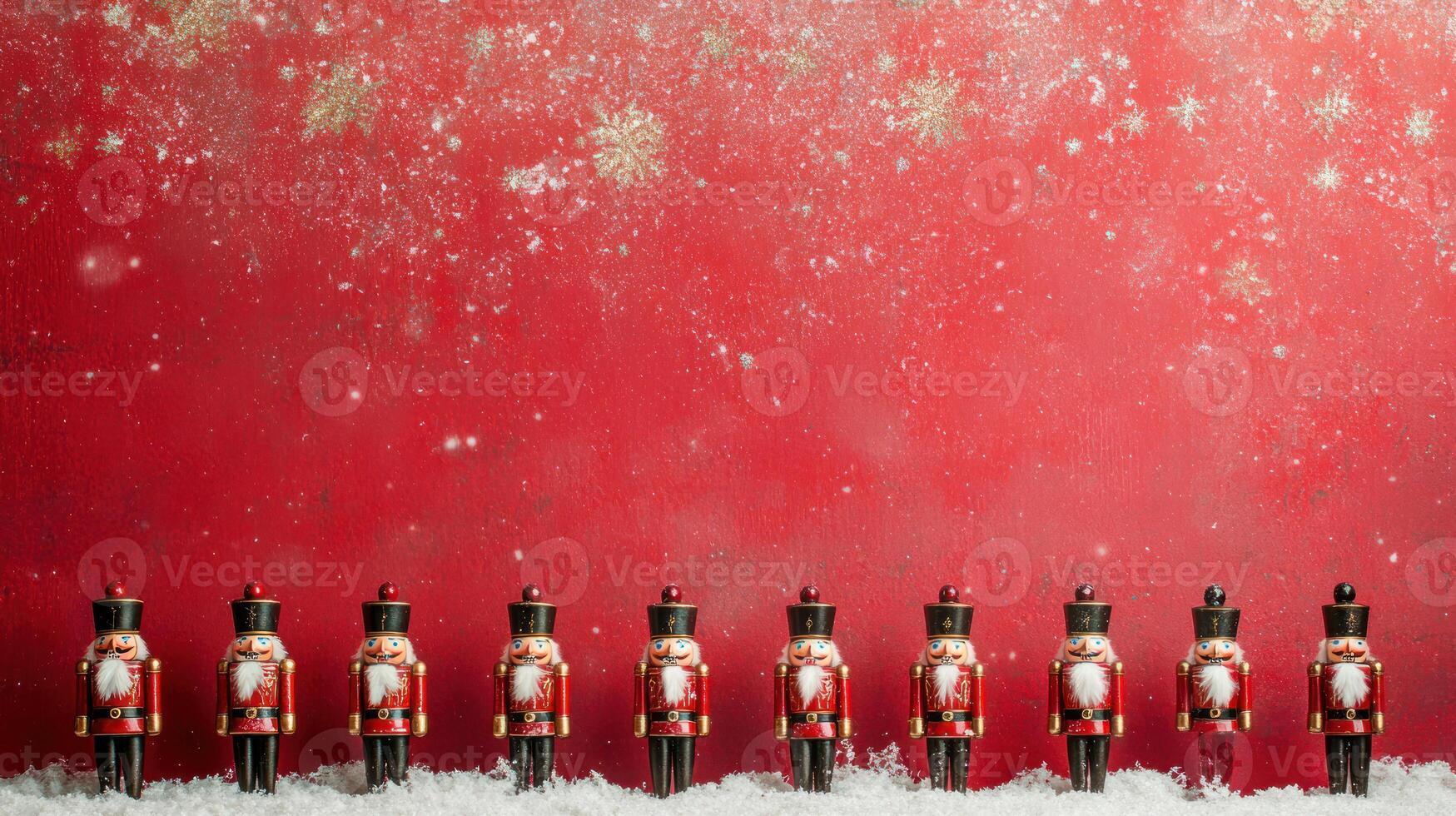 Charming Christmas Decor Featuring Nutcrackers on a Snowy Red Background with Scattered Snowflakes Creating a Festive Atmosphere photo