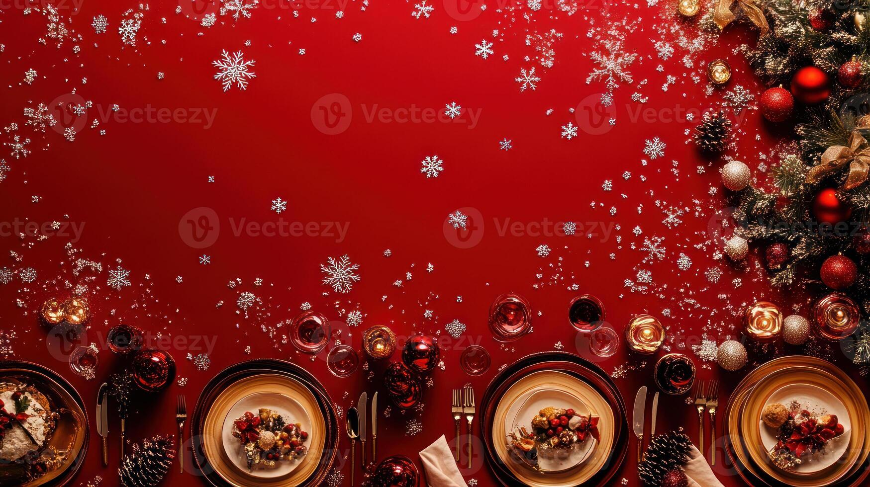 Festive Christmas Dinner Table Setting with Scattered Snowflakes on a Rich Red Background Creating a Cozy and Warm Holiday Ambience photo