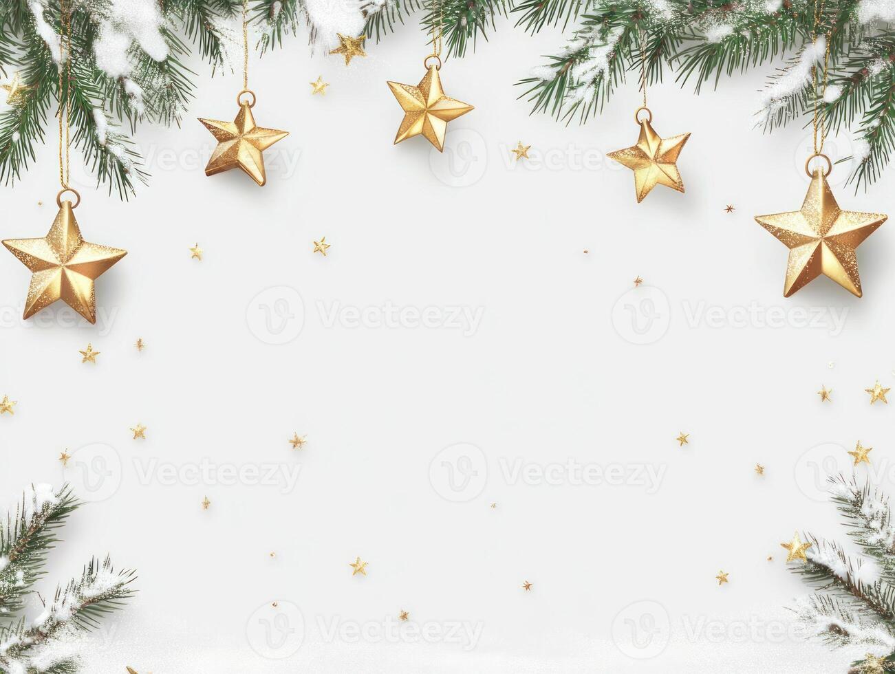 Charming Christmas Garland with Gold Stars and Snowy Background Perfect for Holiday-Themed Text and Decorations in Elegant Winter Setting photo