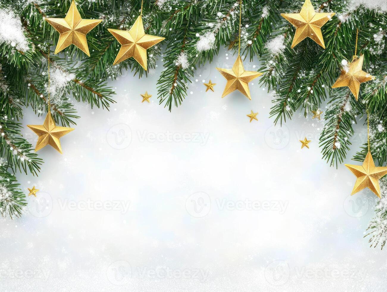 Festive Christmas Garland with Golden Stars on a Snowy Background Perfect for Holiday Greetings and Seasonal Text Overlay photo