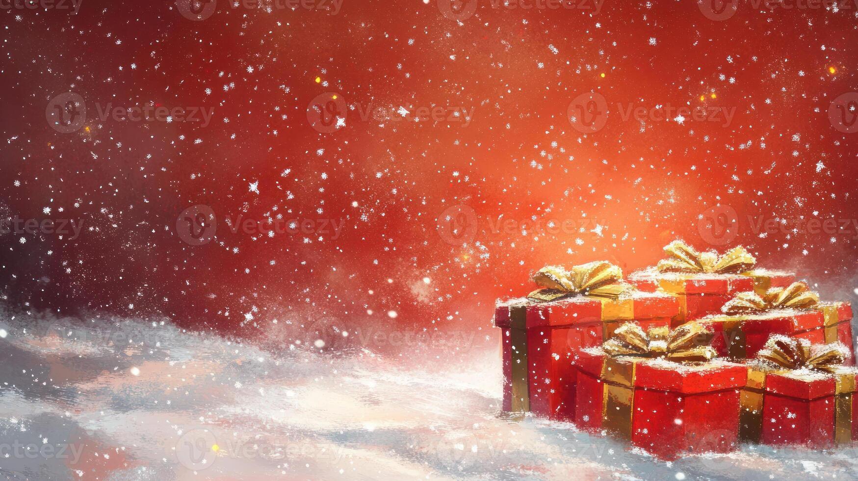 Festive Christmas Morning Scene with Presents in Warm Red Background and Scattered Snowflakes Creating a Cheerful Holiday Atmosphere photo