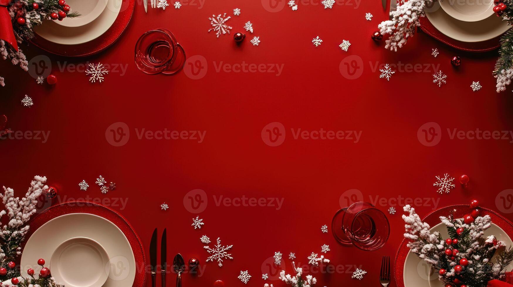 Elegant Christmas Table Setup with Red Background and Snowflakes, Perfect for Holiday Celebrations and Festive Gatherings, Featuring Plates, Cutlery and Seasonal Decor photo