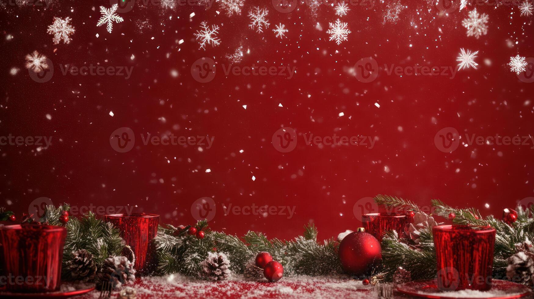 Festive Christmas Table Setup Featuring a Red Background with Scattered Snowflakes, Ideal for Celebrating the Holiday Season and Creating a Joyful Atmosphere photo