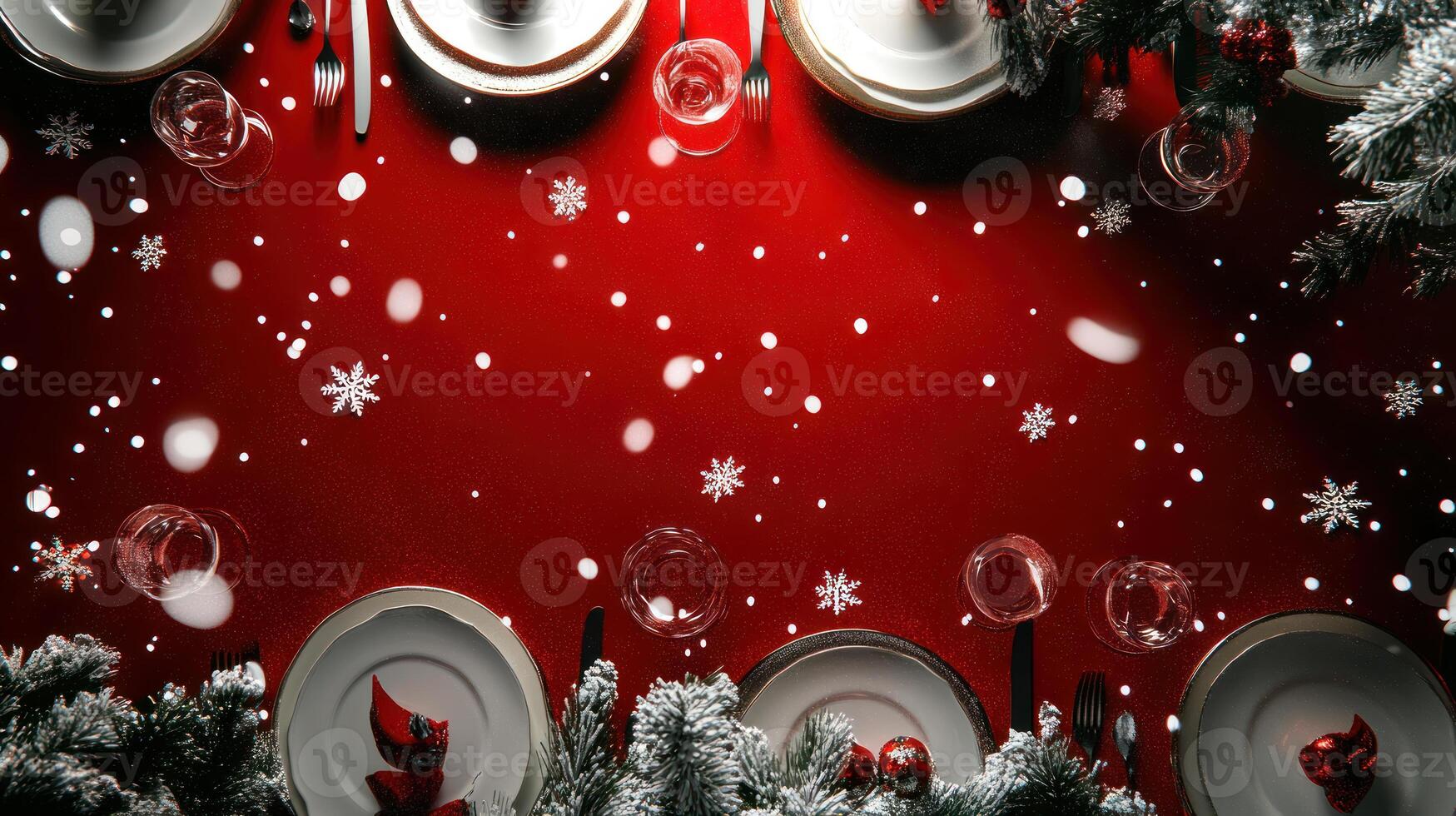 Elegant Christmas Table Setup with Red Background and Scattered Snowflakes, Perfect for Holiday Celebrations and Seasonal Decorations photo