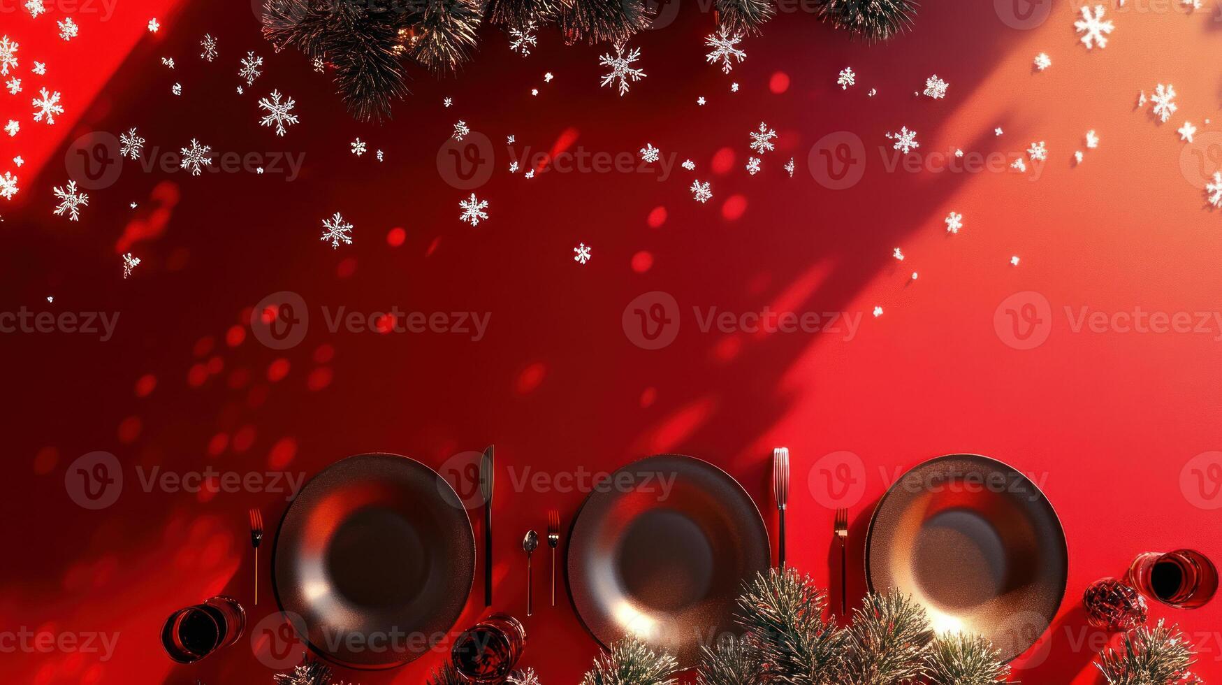 Festive Christmas Table Setup with Elegant Tableware and Decorative Elements Against a Rich Red Background Surrounded by Snowflakes for Holiday Celebrations photo
