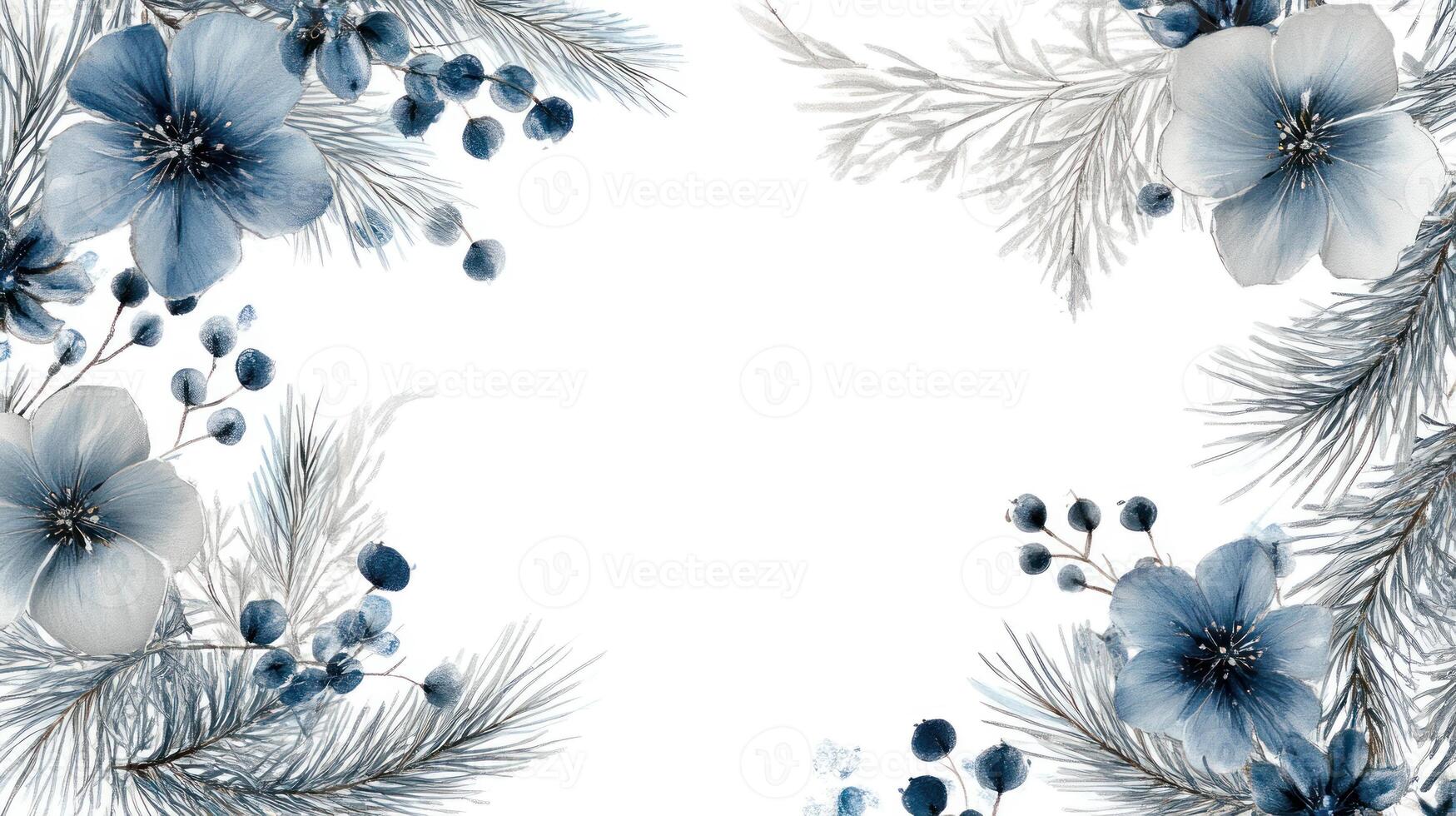Elegant Christmas Arrangement Featuring Silver Pine Branches and Blue Flowers on a Blank White Center for Text Placement photo