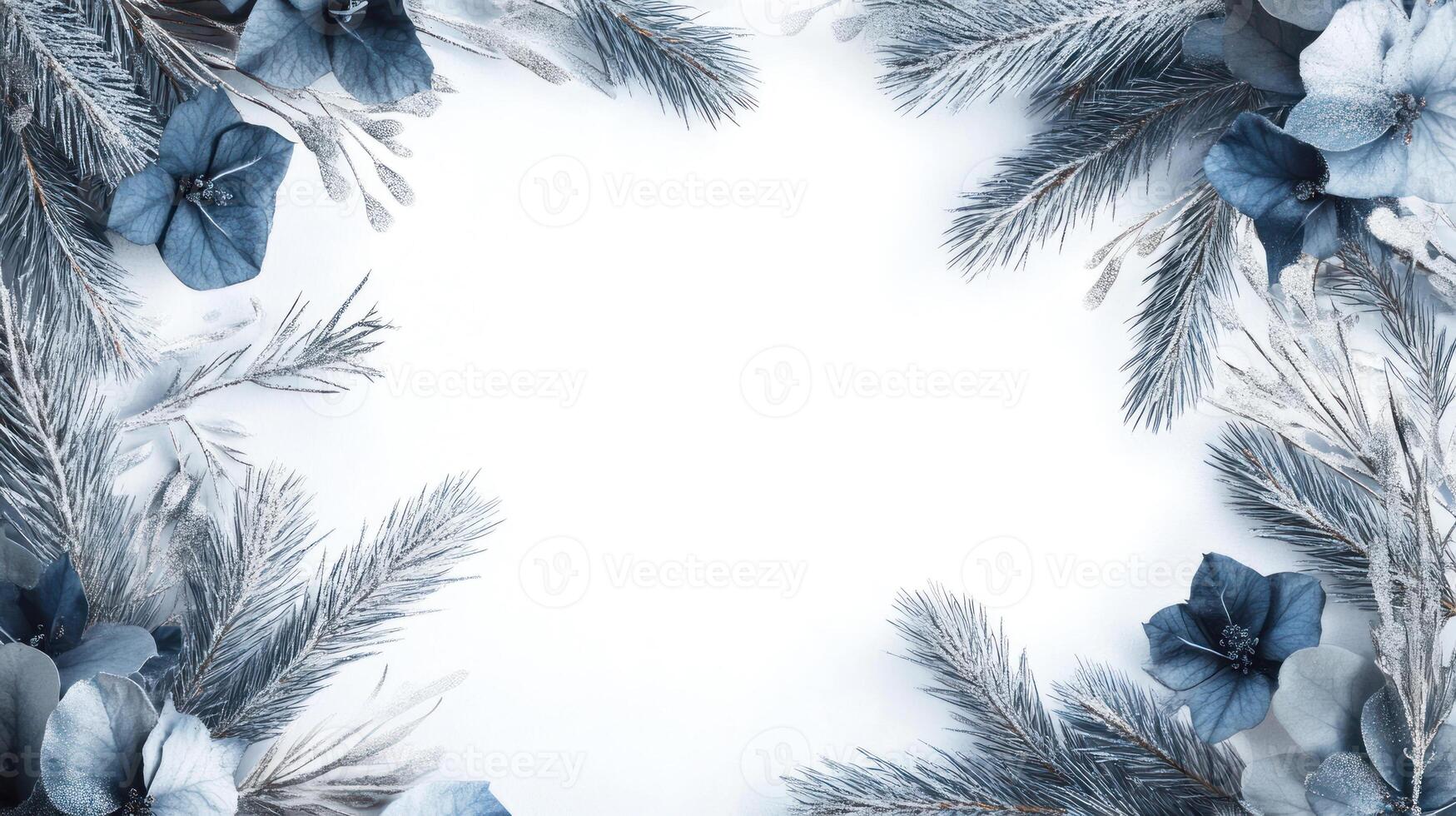 Elegant Christmas Arrangement with Silver Pine Branches and Blue Flowers Framing a Blank White Center for Text or Greetings photo