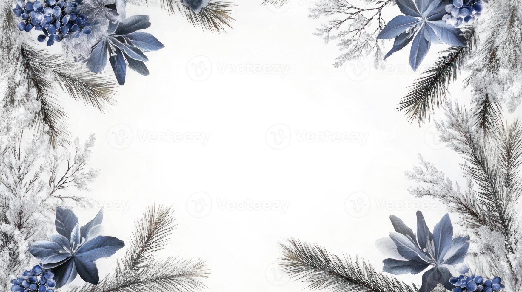 Elegant Christmas Arrangement Featuring Silver Pine Branches and Blue Flowers Creating a Beautiful Frame with a Blank Center for Custom Text photo