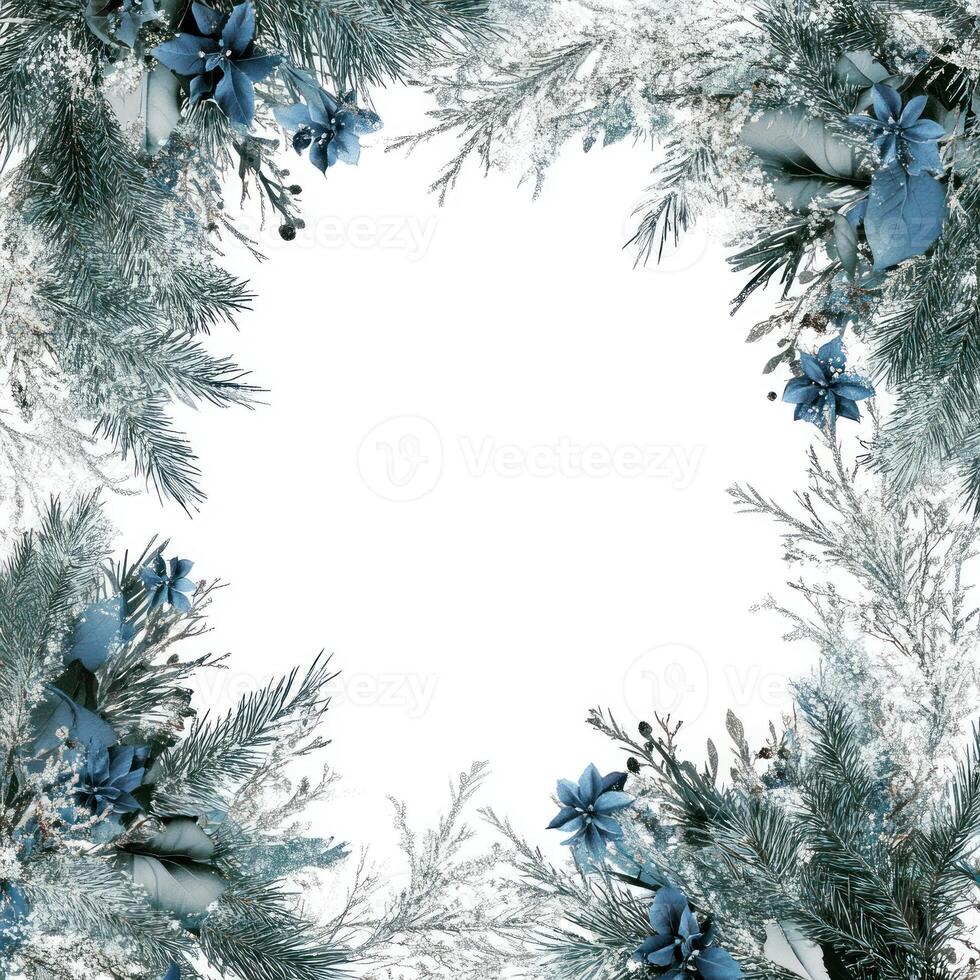 Elegant Christmas Arrangement Featuring Silver Pine Branches and Blue Flowers Surrounding a Blank White Center Perfect for Custom Text Display photo