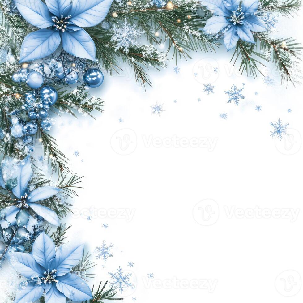 Elegant Blue Floral Border Design for Christmas Theme with Snowflakes and Blank Space for Text Integration photo